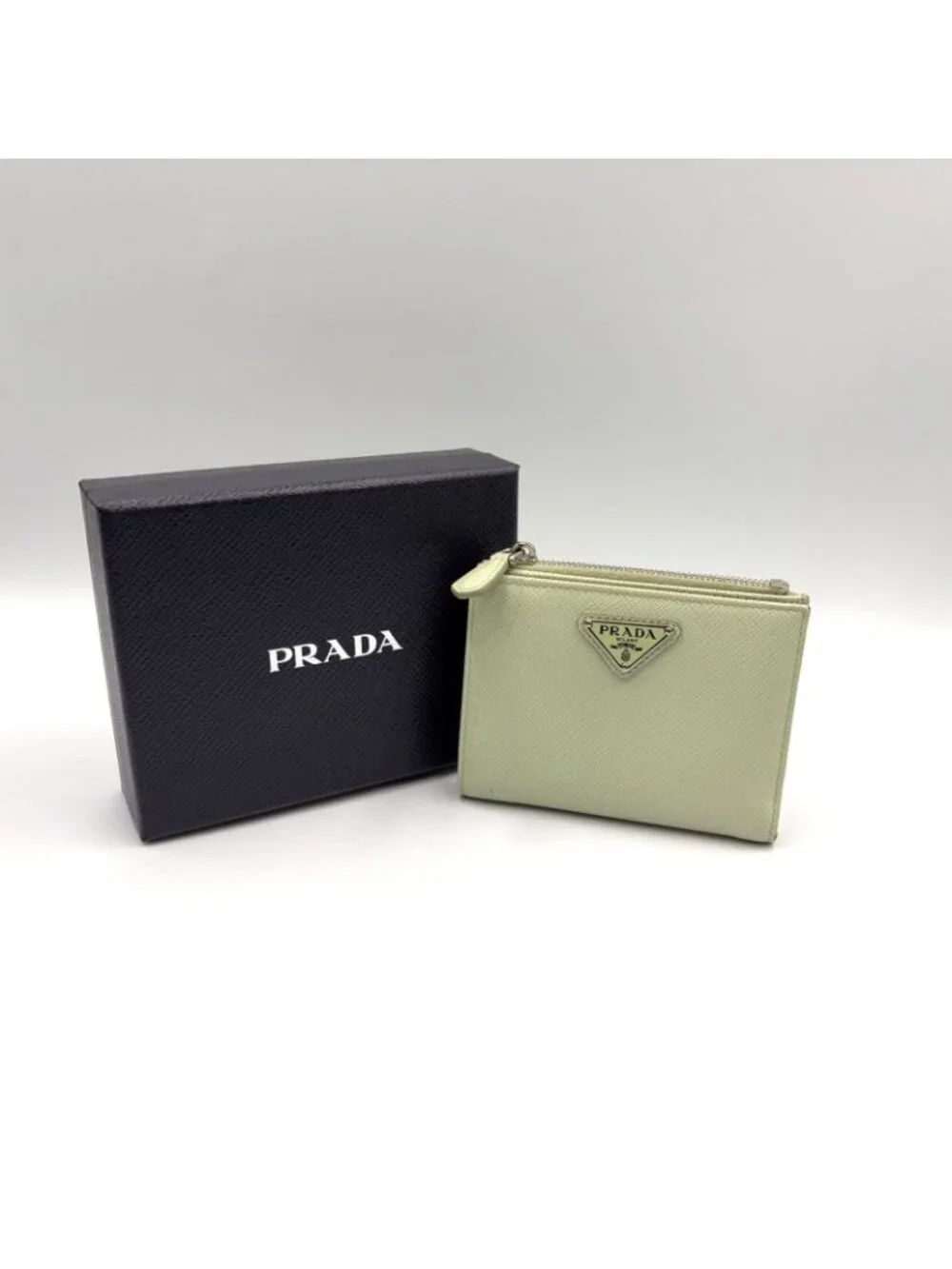 Prada Saffiano Wallet Leather Light Green Triang Silver